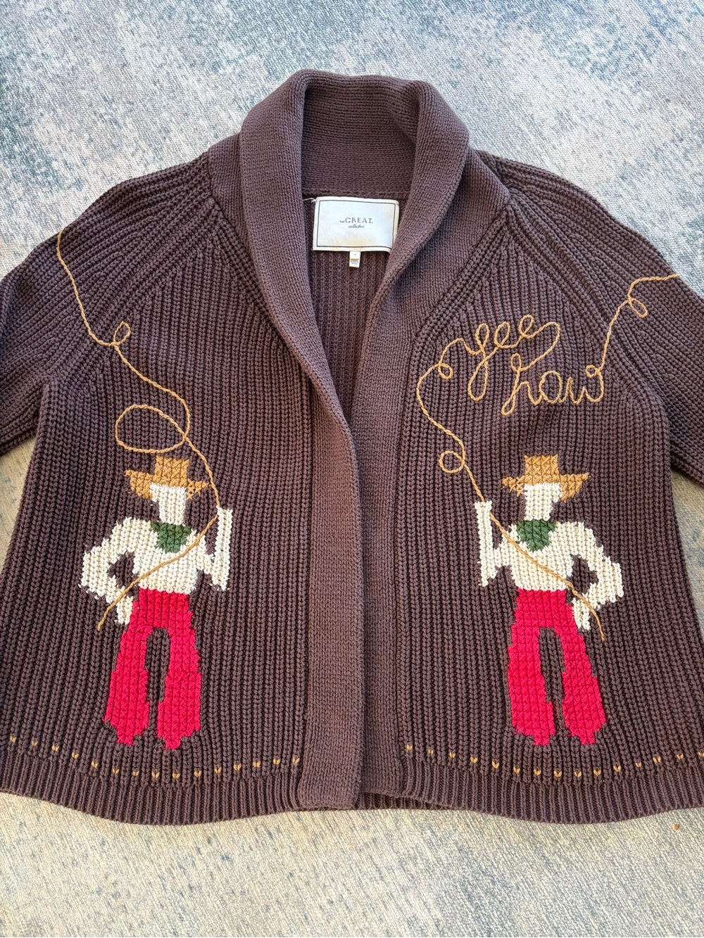 THE GREAT. chocolate Brown Knit Cardigan with Rodeo Intarsia lasso lodge sweater - Picture 4 of 9